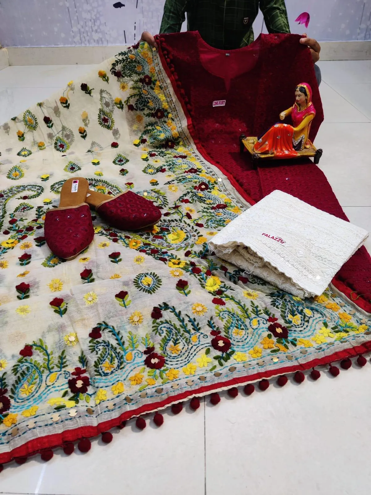Dark Red Pure Cotton Phulkari Suit with Beautiful Handmade Mirror Work Shopping Online