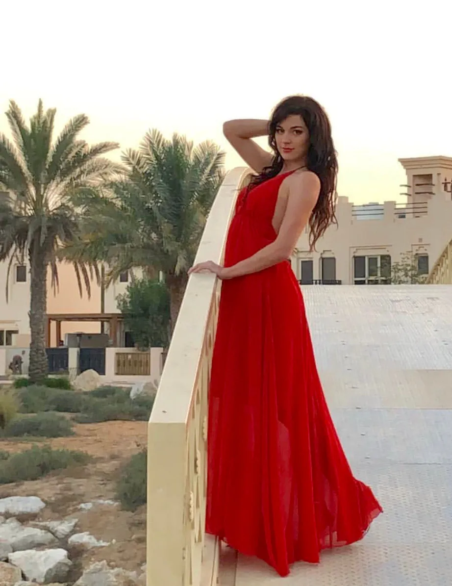 Red Halter-Neck Chiffon Dress