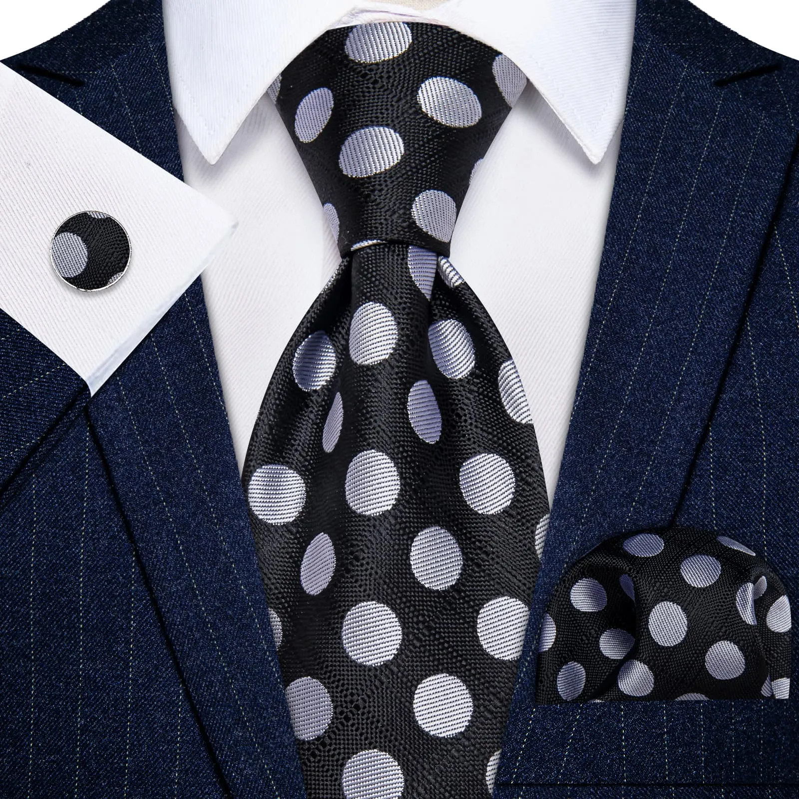 YourTies Men's Tie Black Grey Polka Dots Necktie Brooch Clip Set